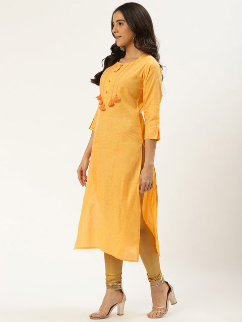 Women Yellow Calf Length Three-Quarter Sleeves Straight Solid Cotton Kurta