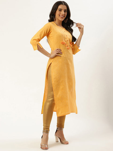 Women Yellow Calf Length Three-Quarter Sleeves Straight Solid Cotton Kurta