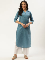 Women Teal Blue Calf Length Three-Quarter Sleeves Straight Lapel neck Solid Cotton Kurta