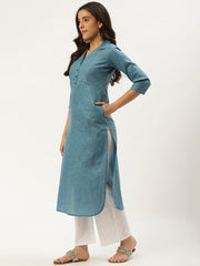 Women Teal Blue Calf Length Three-Quarter Sleeves Straight Lapel neck Solid Cotton Kurta