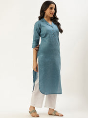 Women Teal Blue Calf Length Three-Quarter Sleeves Straight Lapel neck Solid Cotton Kurta