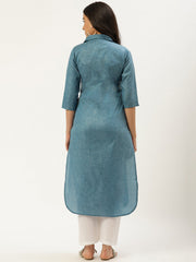 Women Teal Blue Calf Length Three-Quarter Sleeves Straight Lapel neck Solid Cotton Kurta