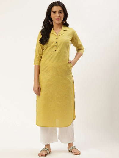 Women Green Calf Length Three-Quarter Sleeves Straight Lapel neck Solid Cotton Kurta
