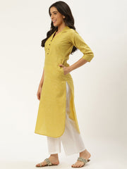 Women Green Calf Length Three-Quarter Sleeves Straight Lapel neck Solid Cotton Kurta