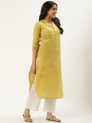 Women Green Calf Length Three-Quarter Sleeves Straight Lapel neck Solid Cotton Kurta