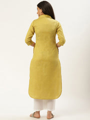 Women Green Calf Length Three-Quarter Sleeves Straight Lapel neck Solid Cotton Kurta