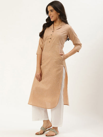 Women Beige Calf Length Three-Quarter Sleeves Straight Lapel neck Solid Cotton Kurta