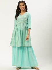 Women Pastel Blue Three-Quarter Sleeves Flared Peplum Kurta and Sharara set