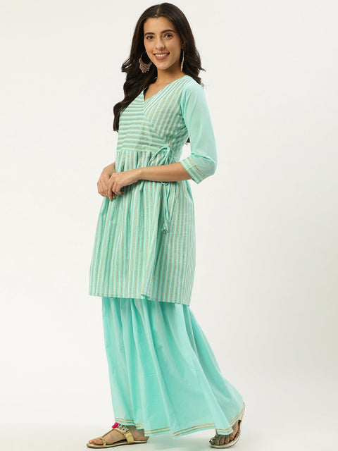 Women Pastel Blue Three-Quarter Sleeves Flared Peplum Kurta and Sharara set