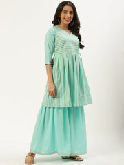 Women Pastel Blue Three-Quarter Sleeves Flared Peplum Kurta and Sharara set