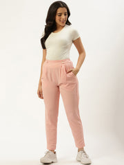Women Pastel Pink Regular Texture Crepe Straigth Trouser Pant
