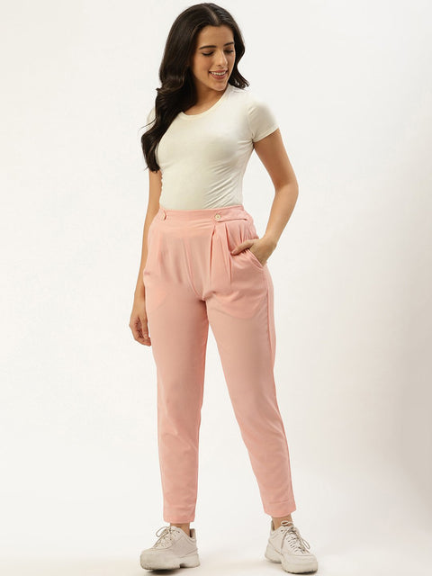 Women Pastel Pink Regular Texture Crepe Straigth Trouser Pant