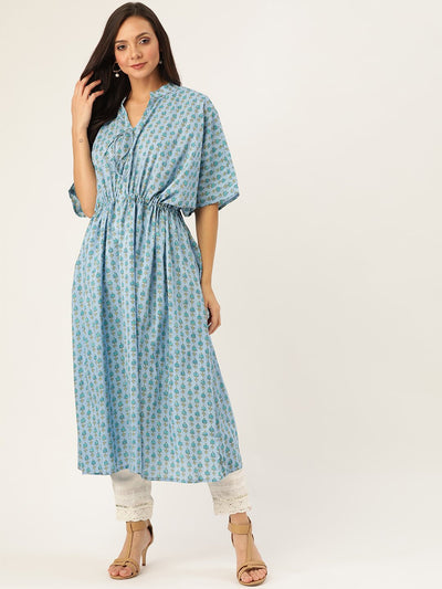 Women Light Blue Calf Length Three-Quarter Sleeves Kaftan Floral Cotton Kurta