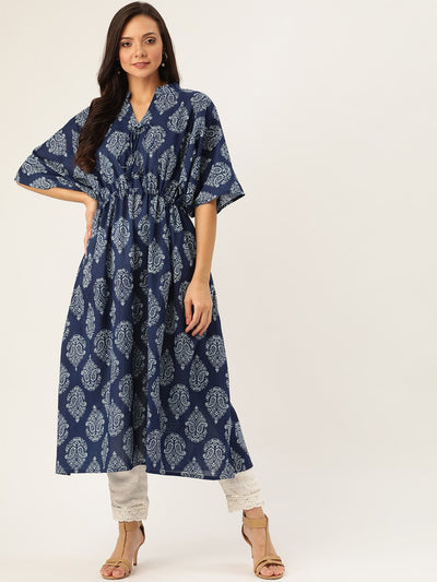 Women Indigo Calf Length Three-Quarter Sleeves Kaftan Floral Cotton Kurta