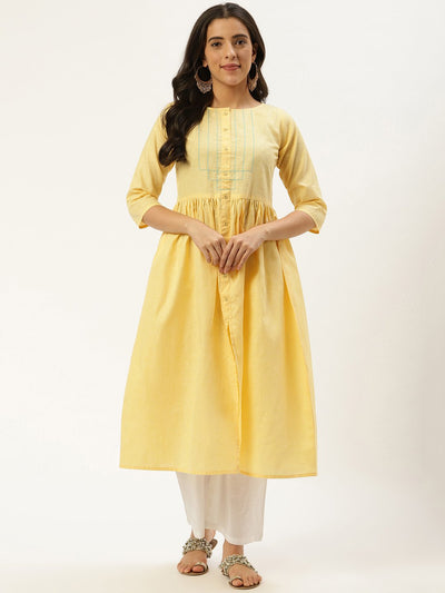 Women Pale Yellow Calf Length Three-Quarter Sleeves A-Line Solid Cotton Kurta