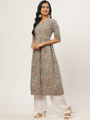 Women Multi Calf Length Three-Quarter Sleeves A-Line Floral Printed Cotton Kurta