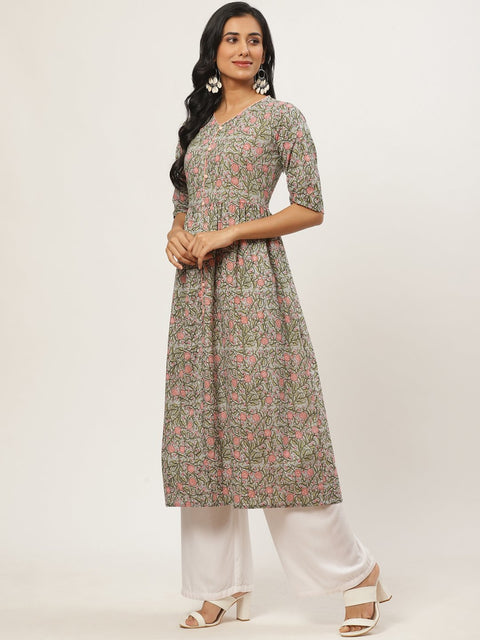 Women Multi Calf Length Three-Quarter Sleeves A-Line Floral Printed Cotton Kurta