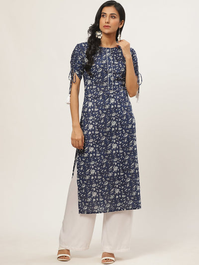 Women Navy Blue Calf Length Three-Quarter Sleeves Straight Floral Printed Cotton Kurta