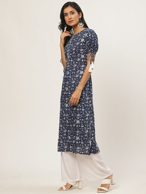 Women Navy Blue Calf Length Three-Quarter Sleeves Straight Floral Printed Cotton Kurta