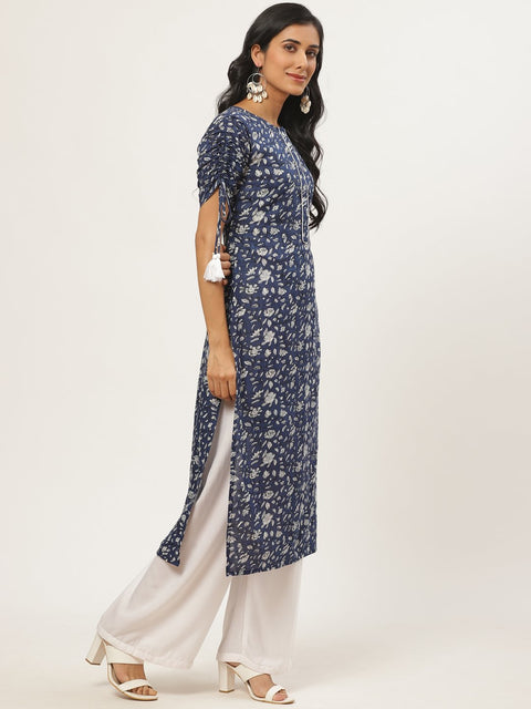 Women Navy Blue Calf Length Three-Quarter Sleeves Straight Floral Printed Cotton Kurta