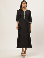 Women Black Solid Solid Round Neck Cotton Fit and Flare Dress
