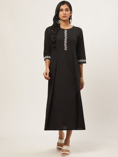 Women Black Solid Solid Round Neck Cotton Fit and Flare Dress