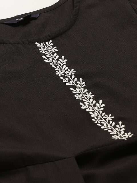 Women Black Solid Solid Round Neck Cotton Fit and Flare Dress