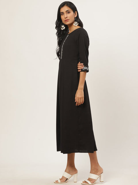 Women Black Solid Solid Round Neck Cotton Fit and Flare Dress