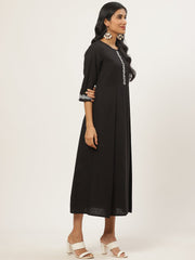 Women Black Solid Solid Round Neck Cotton Fit and Flare Dress