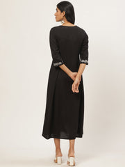 Women Black Solid Solid Round Neck Cotton Fit and Flare Dress