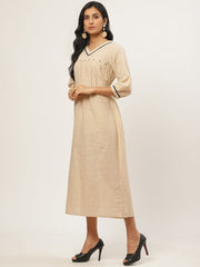 Women Beige Solid Solid V-Neck Cotton A-Line Dress