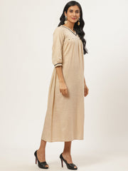 Women Beige Solid Solid V-Neck Cotton A-Line Dress