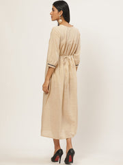 Women Beige Solid Solid V-Neck Cotton A-Line Dress