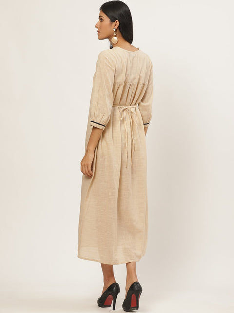 Women Beige Solid Solid V-Neck Cotton A-Line Dress