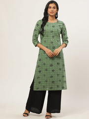 Women Green Calf Length Three-Quarter Sleeves Straight Ethnic Motifs Yoke Design Cotton Kurta