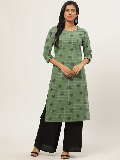Women Green Calf Length Three-Quarter Sleeves Straight Ethnic Motifs Yoke Design Cotton Kurta