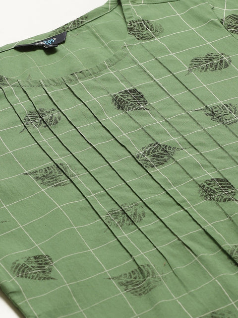 Women Green Calf Length Three-Quarter Sleeves Straight Ethnic Motifs Yoke Design Cotton Kurta