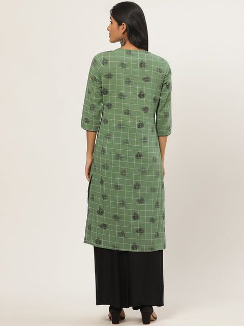 Women Green Calf Length Three-Quarter Sleeves Straight Ethnic Motifs Yoke Design Cotton Kurta