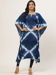 Women Blue Calf Length Short Sleeves Kaftan Bandhani Dyed Cotton Kurta