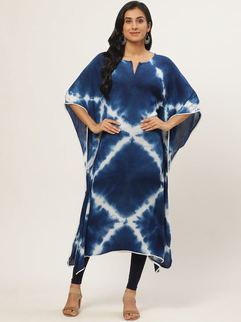 Women Blue Calf Length Short Sleeves Kaftan Bandhani Dyed Cotton Kurta