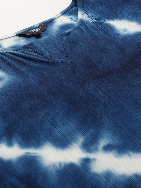 Women Blue Calf Length Short Sleeves Kaftan Bandhani Dyed Cotton Kurta