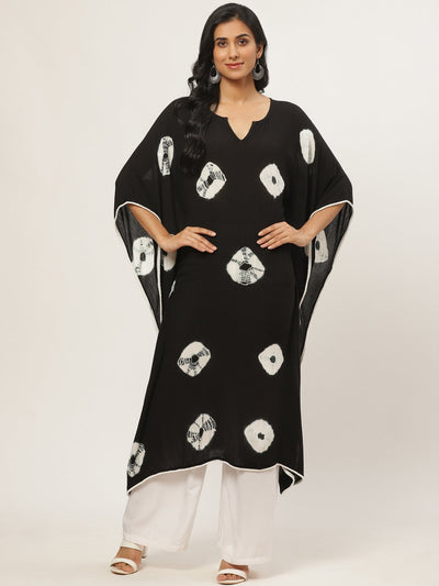 Women Black Calf Length Short Sleeves Kaftan Bandhani Printed Cotton Kurta