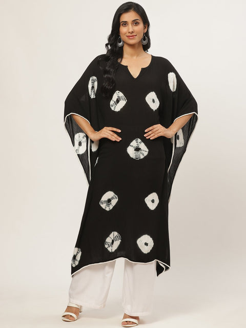 Women Black Calf Length Short Sleeves Kaftan Bandhani Printed Cotton Kurta