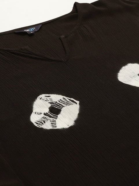 Women Black Calf Length Short Sleeves Kaftan Bandhani Printed Cotton Kurta