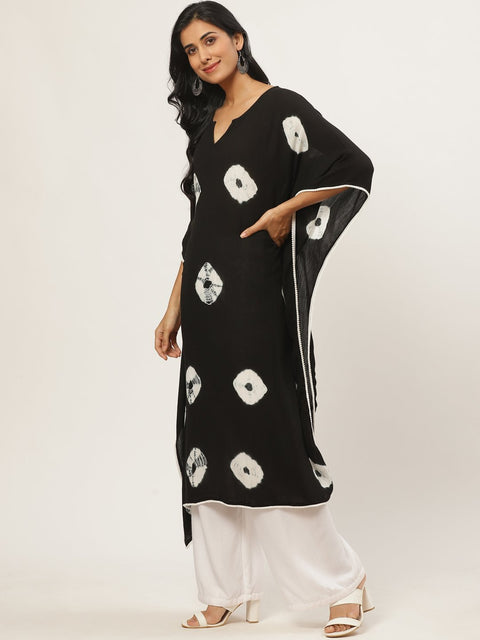 Women Black Calf Length Short Sleeves Kaftan Bandhani Printed Cotton Kurta
