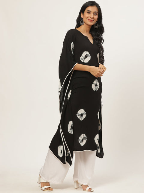 Women Black Calf Length Short Sleeves Kaftan Bandhani Printed Cotton Kurta