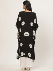Women Black Calf Length Short Sleeves Kaftan Bandhani Printed Cotton Kurta