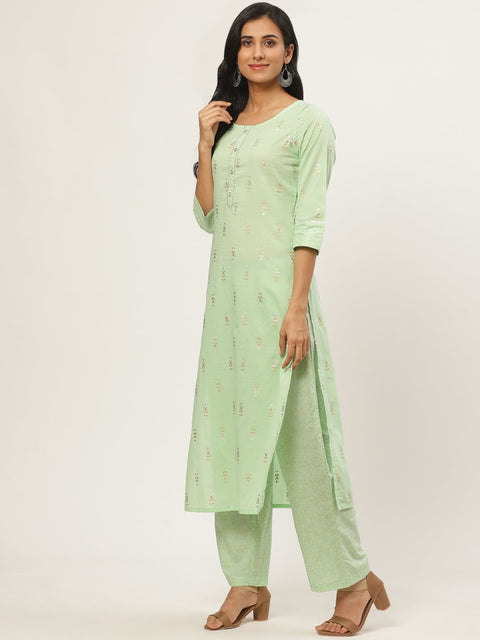 Women Green Three-Quarter Sleeves Straight Kurta with Palazzo