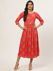 Women Coral Floral Printed V-Neck Cotton Fit and Flare Dress