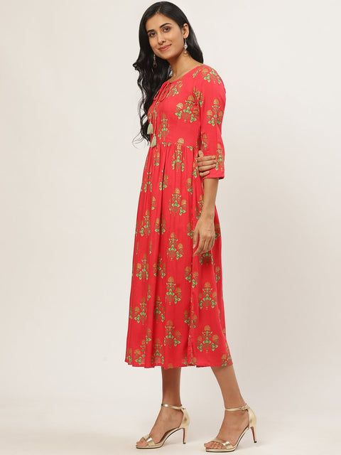 Women Coral Floral Printed V-Neck Cotton Fit and Flare Dress